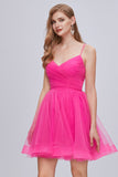 Cute Hot Pink Spaghetti Strap V Neck Tulle Homecoming Dresses