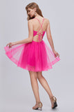 Cute Hot Pink Spaghetti Strap V Neck Tulle Homecoming Dresses