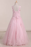 2024 Flower Girl Dresses Tulle Straps With Beads And Applique Floor PJ7TAQPJ