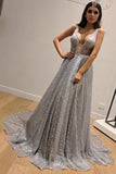 Chic A-Line Silver Backless V Neck Fashion Custom Unique Long Prom Dresses STK15130