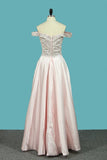 2024 A Line Satin Off The Shoulder Prom Dresses With Beading P3294JF2