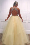 Light Yellow Tulle Beading V Neck Long Prom Dresses with Open Back, Evening Dresses STK15239