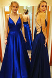 Simple A Line Spaghetti Straps V Neck Prom Dresses with Pockets, Backless Long Dance Dress STK15384