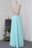 2024 Open Back V Neck Beaded Bodice Prom Dresses A Line Chiffon P6JPRPMK