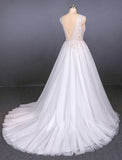 A Line Straps V Neck Lace Appliques Tulle Wedding Dresses Long Wedding Gowns STK15034