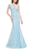 Sexy Fitted Lace Mermaid Blue V Neck Long Prom Dresses Evening Dresses STK15334