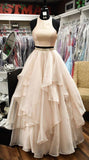 Two Piece A-line High Neck Beads Organza Long Sparkly Chic Evening Prom Dresses