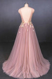 Elegant Pink V Neck Sleeveless Tulle Prom Dress with Appliques, A Line Tulle Evening Dresses STK15191