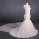 Charming Mermaid Tulle V-neck Wedding Dress, Sheer Back Long Bridal Dresses STK15112