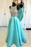 Long A-line Teal Beading Open Back Satin Modest Floor-Length Prom Dresses