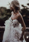 Charming Ball Gown Sweetheart Strapless 3D Flowers Tulle Off White Wedding Dresses STK15095