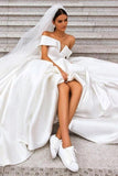 Ball Gown Off the Shoulder White Satin Wedding Dresses, Simple Cheap Wedding Gowns STK15065