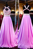 High Quality A-line Chiffon Halter Sleeveless Open Back Prom Dresses