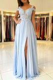 Delicate Chiffon A Line Open Back Lace Appliques Prom Dresses with Split