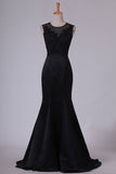 2024 New Arrival Evening Dresses Scoop Mermaid Satin With Applique Sweep PNRF1L3X