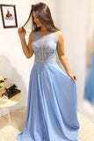 Stunning Round Neck Floor Length A Line Prom Dresses with Beading