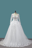 2024 A Line Long Sleeves Tulle Wedding Dresses With Applique P9ANHTL1