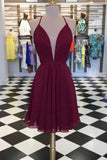 Burgundy Chiffon Short Homecoming Dresses With Lace-up