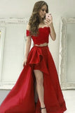 Two Piece High Low Off Shoulder Satin Lace Prom Dresses Evening Dresses