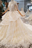 2024 Luxury Wedding Dresses High Neck A-Line Lace Half Sleeves Open Back PQB1S7T4