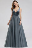 A-Line V-Neck Sleeveless Blue Floor-length Evening Dress Cheap Prom Dresses STK15055