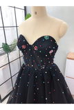 Elegant A Line Sweetheart Strapless Black Tulle Prom Dresses With STKPT11F6GE