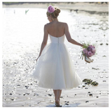 A-Line Ivory Short Sleeveless Pleated Tea-length Strapless Backless Wedding Dresses