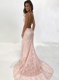 Pearl Pink V-Neck Lace Amazing Mermaid Long Backless Prom Dresses