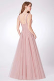 Simple A Line Pink V Neck Tulle Sleeveless Prom Dresses Long Bridesmaid Dresses STK15383