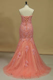 2024 Mermaid Prom Dresses Sweetheart With Beading And Applique Tulle Sweep/Brush PAG5888D