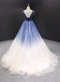 Ball Gown Ombre V Neck Tulle Royal Blue Long Prom Dresses, Quinceanera Dresses STK15067