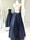 Stunning Sleeveless A Line Navy Blue Sequin Prom Dresses