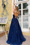 Elegant Blue V Neck Lace Long Prom Dresses Spaghetti Straps Evening STK20485