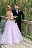 A Line Lilac Appliques V Neck Long Prom Dresses, Long Prom Formal Gowns STK15004