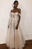 Unique Off The Shoulder Ivory Long Wedding Dress With Appliques Sweetheart Wedding STKPMJM4785