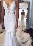 Appliques V-Neck Elegant Mermaid Open-Back Wedding Dresses