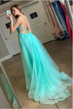 Backless Evening Dresses Turquoise Spaghetti Straps Split Appliqued Long Prom Dresses