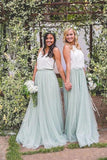 2 Pieces Tulle Ivroy And Mint Long Simple Cheap Elegant Bridesmaid Dresses STK15543