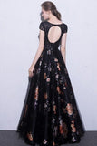 2024 Black Prom Dresses Scoop A-Line Floral Print Sexy Long Lace PKND18NP