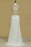 2024 Sexy Open Back Bateau Chiffon With Slit And Beading Prom Dresses P5BCRXT1