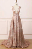 A Line Deep V Neck Long Prom Dress With Sequins Glitter Sleeveless PNC5XC4K