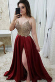 Spaghetti Straps V Neck A Line Lace Prom Dresses with Split Side