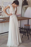 Unique V Neck Cap Sleeves Chiffon Beach Wedding Dress With Beading STKPGG9HAF7