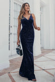 V-Neck Spaghetti Straps Velvet Dark Navy Blue Mermaid Evening Dress, Prom Dresses STK15480