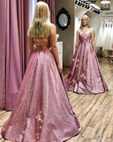 Unique A line Pink Sequins Spaghetti Straps Prom Dresses, Evening STK20450