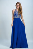 2024 Halter A-Line/Princess Prom Dresses Tulle And Chiffon Dark Royal Blue Sweep PQXFC978