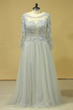 2024 Long Sleeves Prom Dresses Bateau With Slit & Embroidery Tulle Floor Length Plus PD9PETKJ