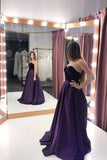 A Line Purple Satin Sweetheart Long Prom Dresses With Pockets, Strapless Evening Dresses STK15015