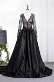 2024 New Arrival Prom Dresses V Neck Satin 3/4 Length Sleeves P2LF32EL