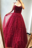 A-Line Burgundy Tulle Beaded Spaghetti Straps Scoop Long Prom STK20390